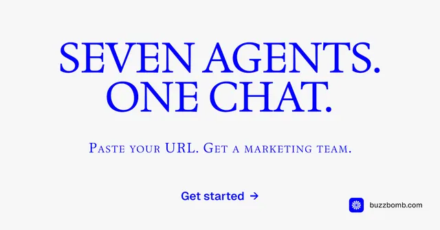 Social ad for BuzzBomb: "Seven agents. One chat." Agentic glass style, smallcaps layout, light palette in white, blue.