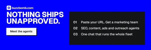 X header for BuzzBomb: "Nothing ships unapproved." Brutalist style, skeleton layout, dark palette in blue, black.