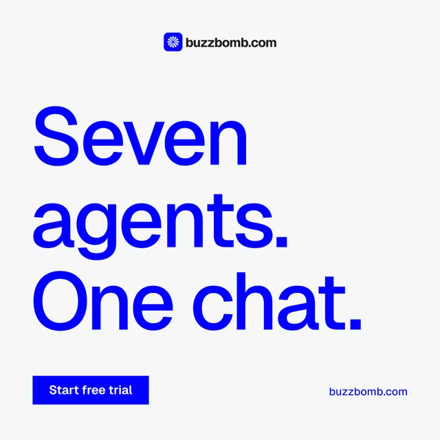 Instagram post for BuzzBomb: "Seven agents. One chat." Swiss style, poster layout, light palette in white, blue.