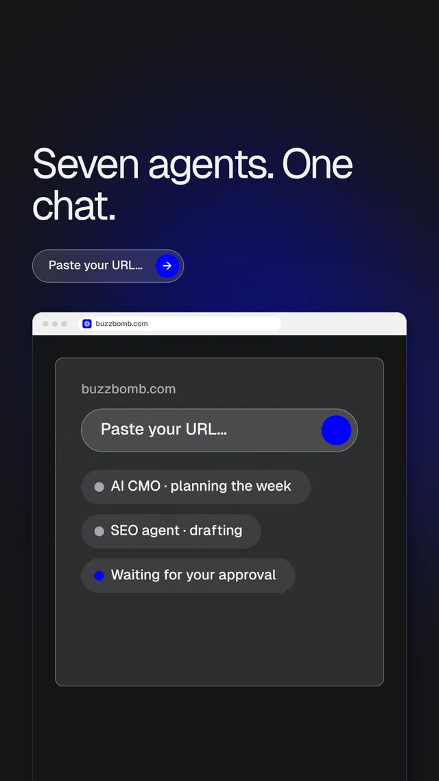 Instagram story for BuzzBomb: "Seven agents. One chat." Agentic glass style, browser layout, dark palette in black, blue, grey.