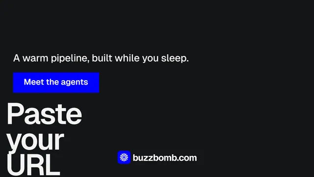 Landscape graphic for BuzzBomb: "Paste your URL." Split block style, oversized layout, dark palette in black, grey.