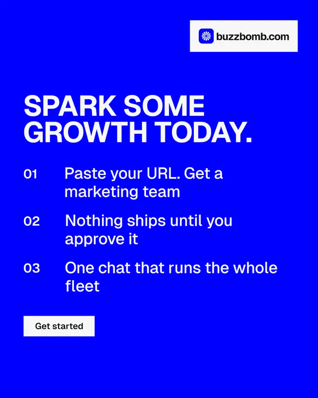 Instagram portrait post for BuzzBomb: "Spark some growth today." Split block style, numbered layout, dark palette in blue.