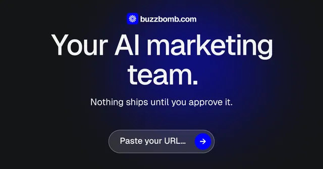 Social ad for BuzzBomb: "Your AI marketing team." Agentic glass style, centred layout, dark palette in black, blue, grey.