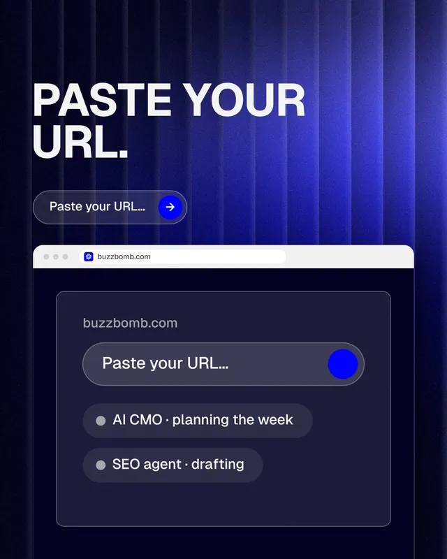 Instagram portrait post for BuzzBomb: "Paste your URL." Agentic glass style, browser layout, dark palette in black, blue.