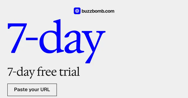 Social ad for BuzzBomb: "Seven agents. One chat." Editorial style, stat layout, light palette in white, blue.