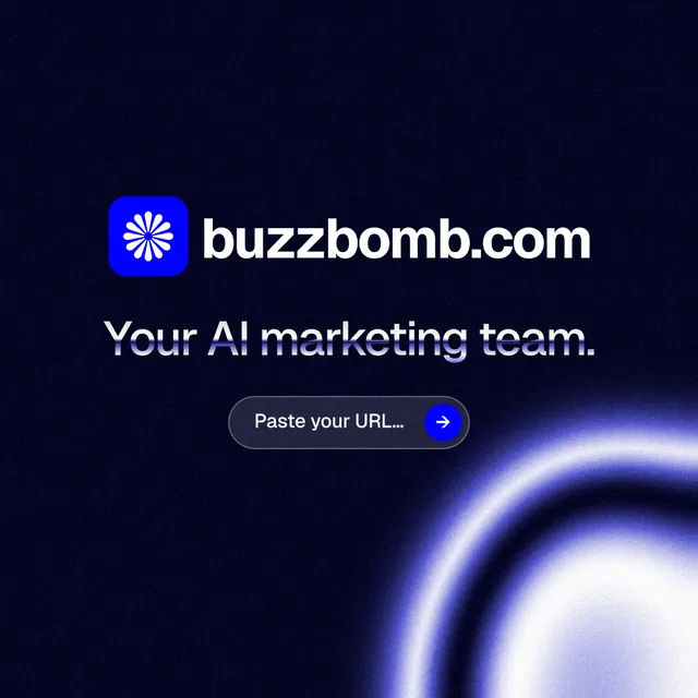 Instagram post for BuzzBomb: "Your AI marketing team." Agentic glass style, logo hero layout, dark palette in black, blue.