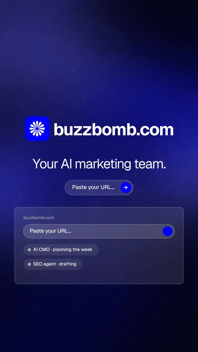 Instagram story for BuzzBomb: "Your AI marketing team." Agentic glass style, logo hero layout, dark palette in black, blue.