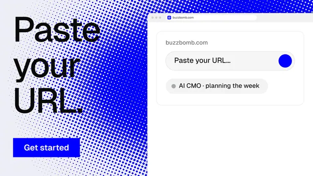 Landscape graphic for BuzzBomb: "Paste your URL." Swiss style, browser layout, light palette in white, blue.