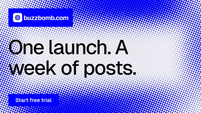 Landscape graphic for BuzzBomb: "One launch. A week of posts." Swiss style, announce layout, light palette in blue, white.