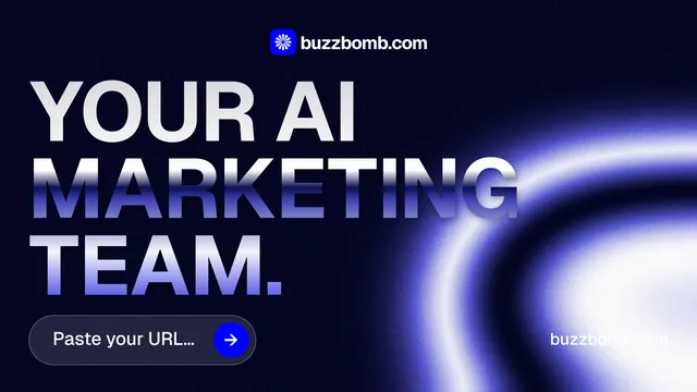 Landscape graphic for BuzzBomb: "Your AI marketing team." Agentic glass style, poster layout, dark palette in black, blue.