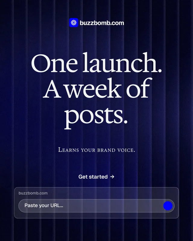 Instagram portrait post for BuzzBomb: "One launch. A week of posts." Agentic glass style, smallcaps layout, dark palette in black, blue, grey.