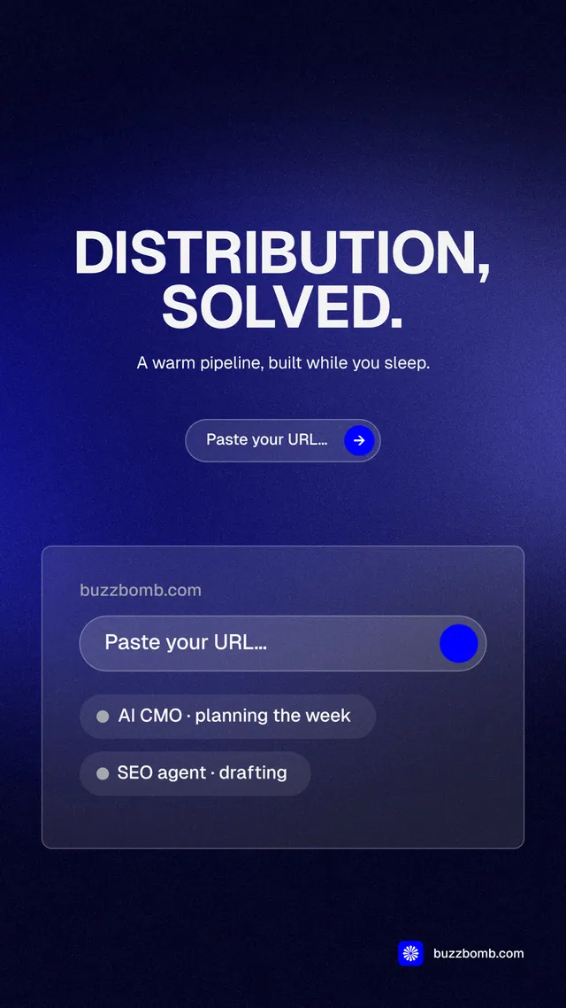 Instagram story for BuzzBomb: "Distribution, solved." Agentic glass style, centred layout, dark palette in black, blue.