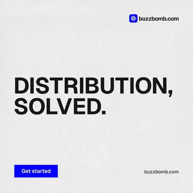 Instagram post for BuzzBomb: "Distribution, solved." Swiss style, poster layout, light palette in white, grey.