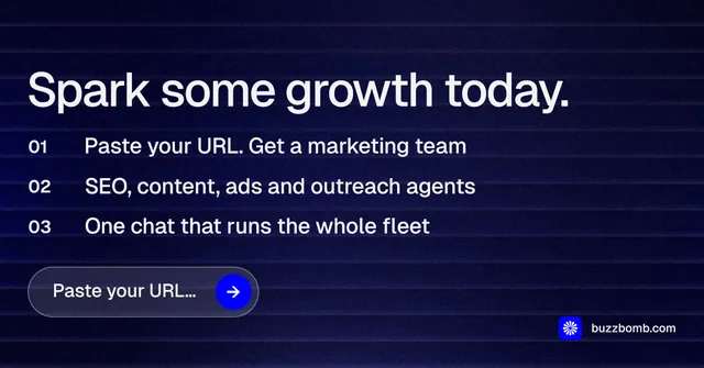 Social ad for BuzzBomb: "Spark some growth today." Agentic glass style, numbered layout, dark palette in blue, black, grey.