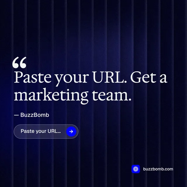 Instagram post for BuzzBomb: "Your AI marketing team." Agentic glass style, quote layout, dark palette in black, blue.