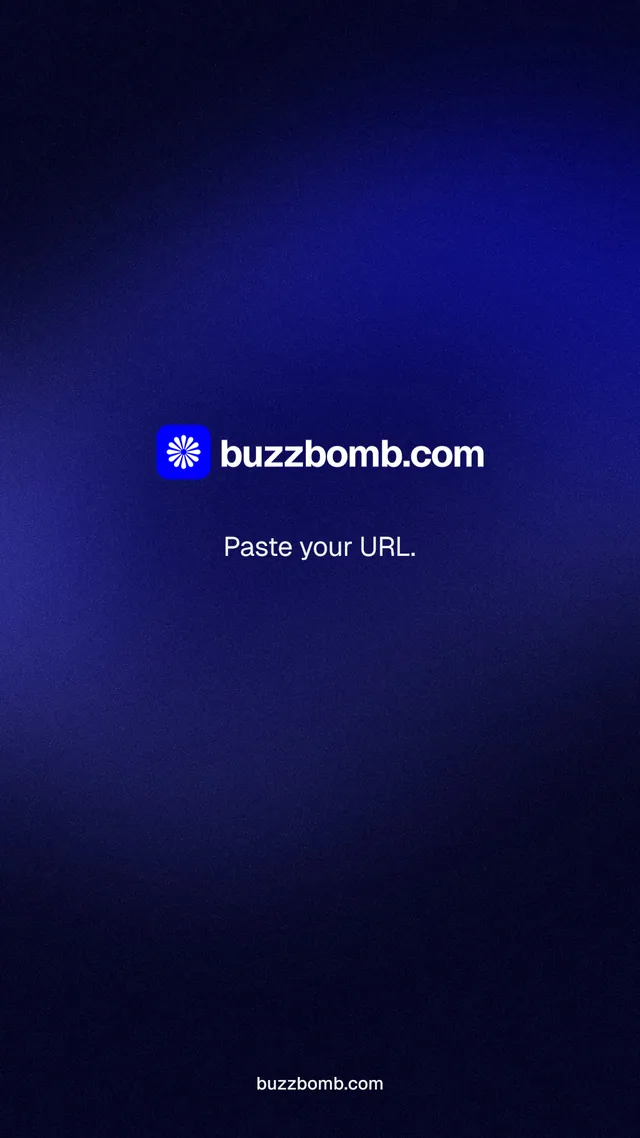 Instagram story for BuzzBomb: "Paste your URL." Agentic glass style, end card layout, dark palette in black, blue.