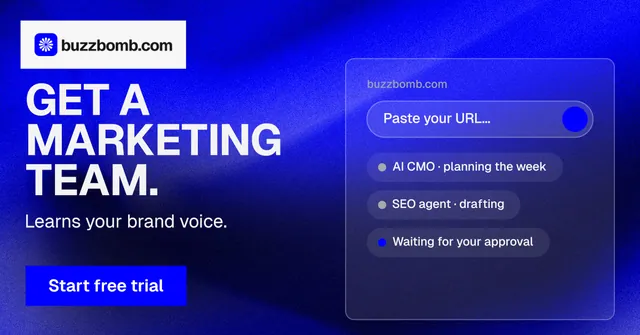 Social ad for BuzzBomb: "Get a marketing team." Swiss style, bottom layout, dark palette in blue.