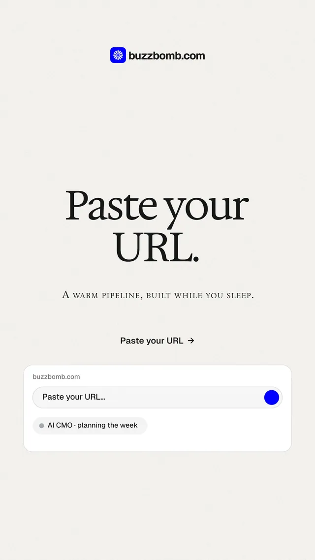 Instagram story for BuzzBomb: "Paste your URL." Swiss style, smallcaps layout, light palette in white.