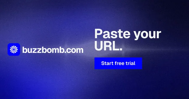 Social ad for BuzzBomb: "Paste your URL." Swiss style, logo hero layout, dark palette in blue.