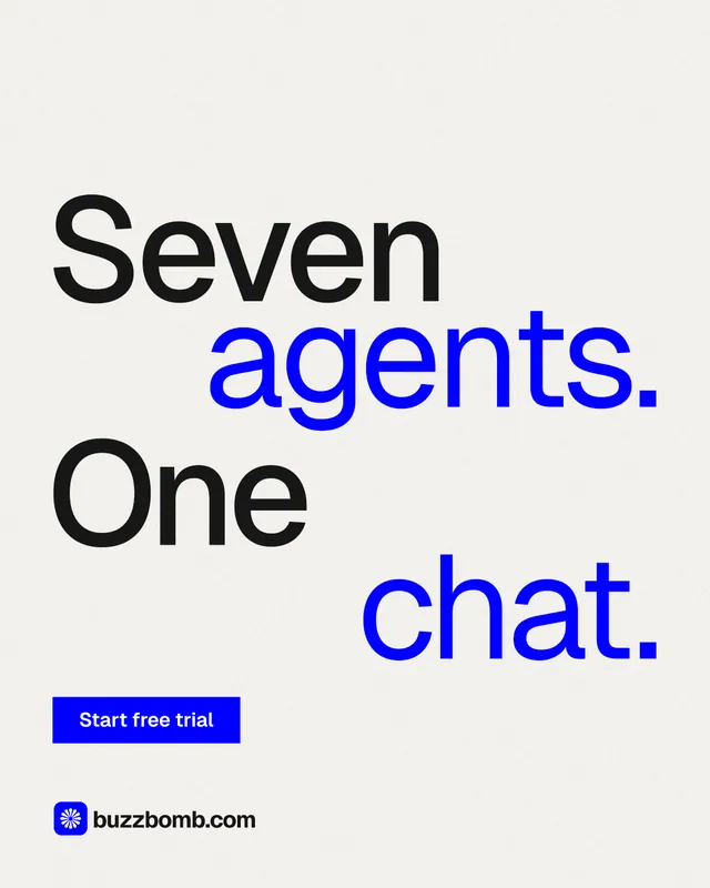 Instagram portrait post for BuzzBomb: "Seven agents. One chat." Swiss style, stacked layout, light palette in white, blue.