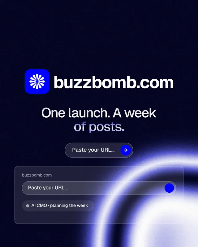 Instagram portrait post for BuzzBomb: "One launch. A week of posts." Agentic glass style, logo hero layout, dark palette in black, blue.