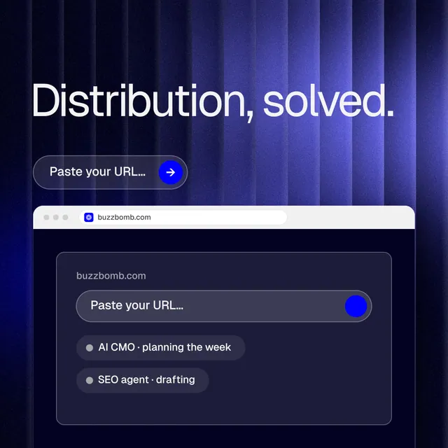Instagram post for BuzzBomb: "Distribution, solved." Agentic glass style, browser layout, dark palette in blue, black.
