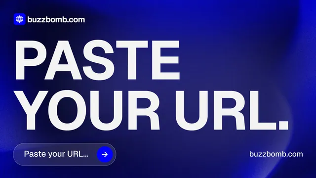 Landscape graphic for BuzzBomb: "Paste your URL." Agentic glass style, poster layout, dark palette in blue, white.