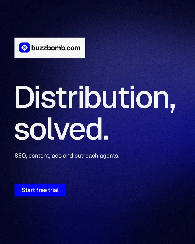 Instagram portrait post for BuzzBomb: "Distribution, solved." Swiss style, announce layout, dark palette in black, blue.