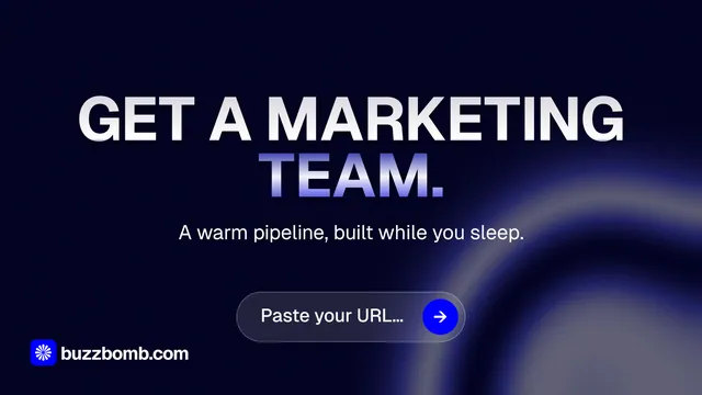 Landscape graphic for BuzzBomb: "Get a marketing team." Agentic glass style, centred layout, dark palette in black, blue.