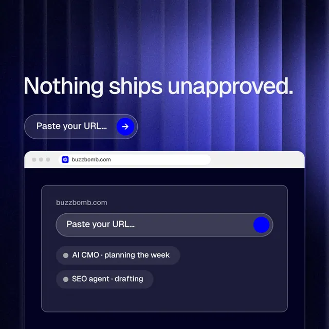 Instagram post for BuzzBomb: "Nothing ships unapproved." Agentic glass style, browser layout, dark palette in blue, black.