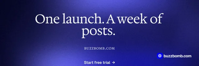 X header for BuzzBomb: "One launch. A week of posts." Agentic glass style, smallcaps layout, dark palette in blue.
