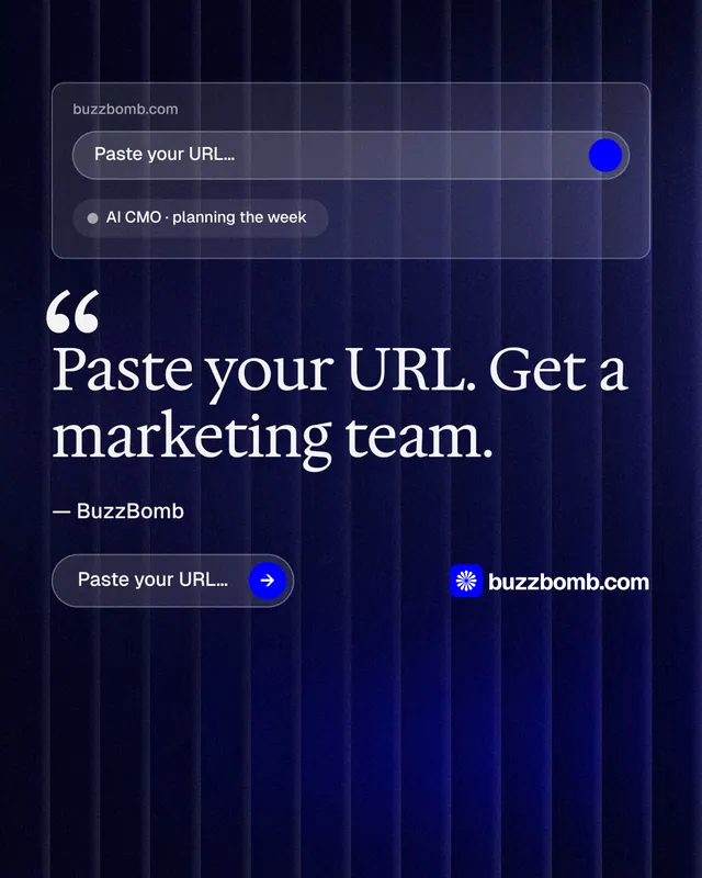 Instagram portrait post for BuzzBomb: "Get a marketing team." Agentic glass style, quote layout, dark palette in black, blue, grey.
