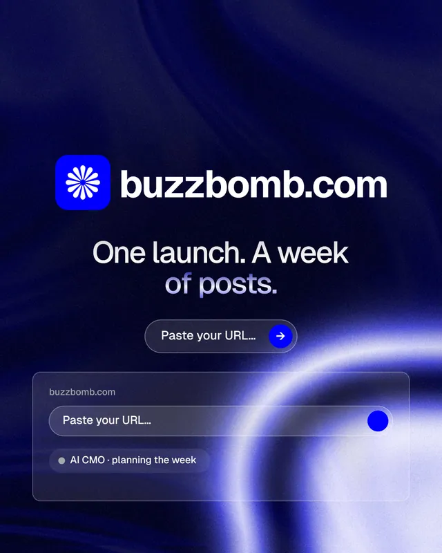 Instagram portrait post for BuzzBomb: "One launch. A week of posts." Agentic glass style, logo hero layout, dark palette in black, blue.