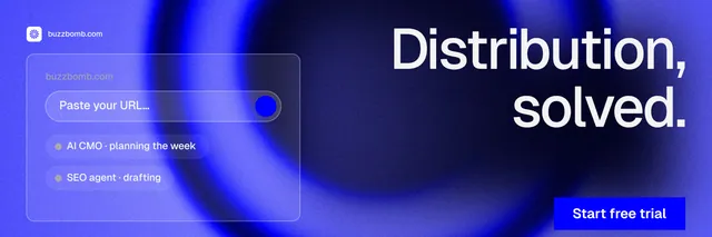 X header for BuzzBomb: "Distribution, solved." Swiss style, right layout, dark palette in blue.