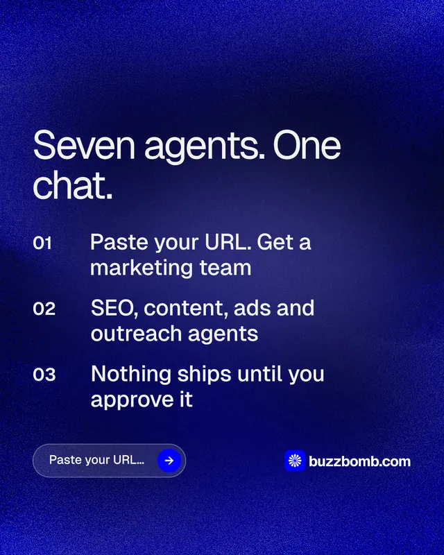 Instagram portrait post for BuzzBomb: "Seven agents. One chat." Agentic glass style, numbered layout, dark palette in blue.