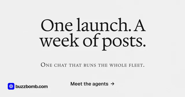 Social ad for BuzzBomb: "One launch. A week of posts." Swiss style, smallcaps layout, light palette in white, grey.