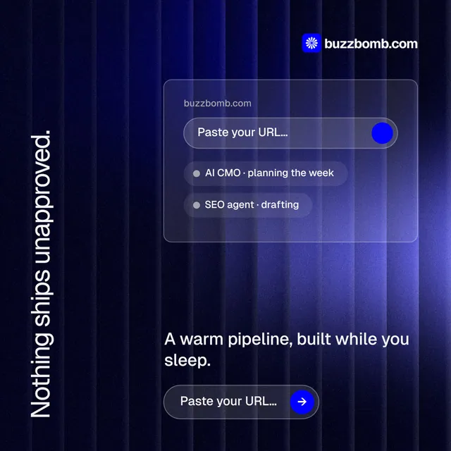 Instagram post for BuzzBomb: "Nothing ships unapproved." Agentic glass style, vertical layout, dark palette in blue, black.