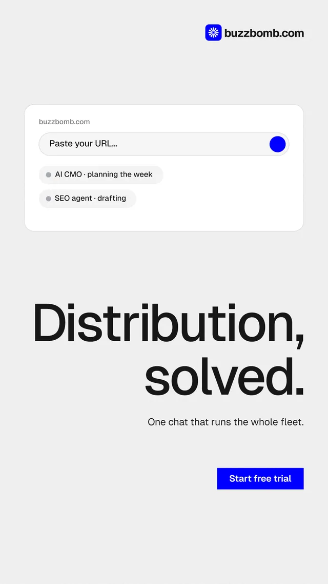 Instagram story for BuzzBomb: "Distribution, solved." Swiss style, right layout, light palette in white, grey.