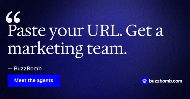 Social ad for BuzzBomb: "Paste your URL." Swiss style, quote layout, dark palette in black, blue.