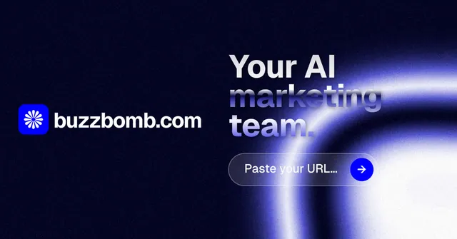 Social ad for BuzzBomb: "Your AI marketing team." Agentic glass style, logo hero layout, dark palette in black, blue.