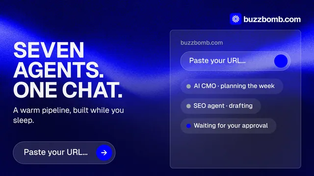 Landscape graphic for BuzzBomb: "Seven agents. One chat." Agentic glass style, bottom layout, dark palette in blue.