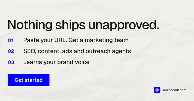 Social ad for BuzzBomb: "Nothing ships unapproved." Swiss style, numbered layout, light palette in white, grey.