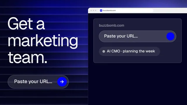 Landscape graphic for BuzzBomb: "Get a marketing team." Agentic glass style, browser layout, dark palette in black, blue, grey.