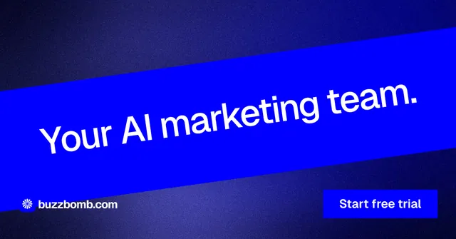 Social ad for BuzzBomb: "Your AI marketing team." Swiss style, diagonal layout, dark palette in blue.