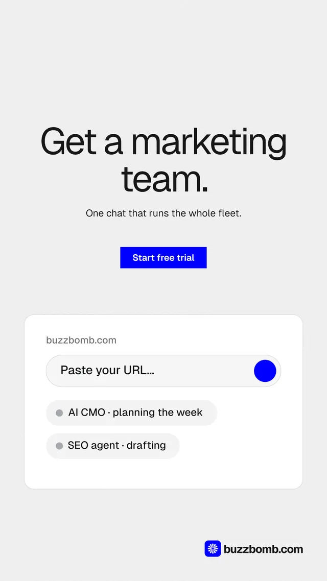 Instagram story for BuzzBomb: "Get a marketing team." Swiss style, centred layout, light palette in white.
