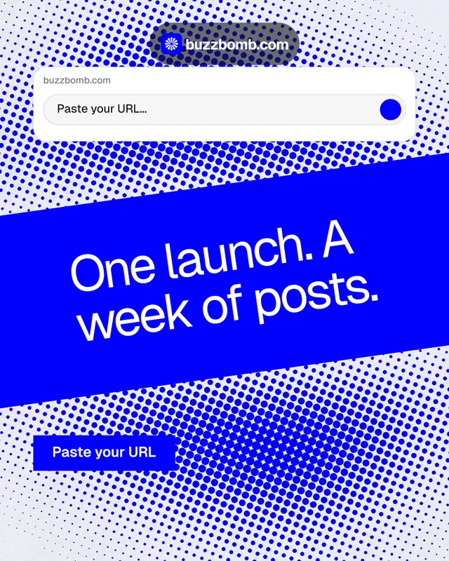 Instagram portrait post for BuzzBomb: "One launch. A week of posts." Swiss style, diagonal layout, light palette in blue, white.