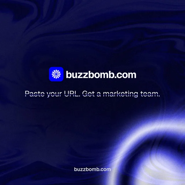 Instagram post for BuzzBomb: "Distribution, solved." Agentic glass style, end card layout, dark palette in black, blue.