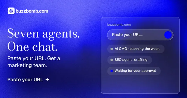 Social ad for BuzzBomb: "Seven agents. One chat." Minimal luxury style, bottom layout, dark palette in blue.