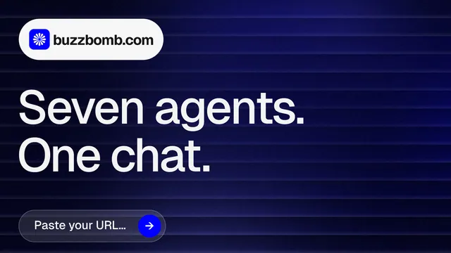 Landscape graphic for BuzzBomb: "Seven agents. One chat." Agentic glass style, announce layout, dark palette in blue, black, grey.