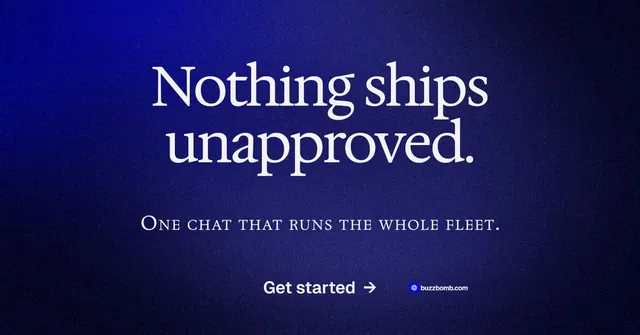 Social ad for BuzzBomb: "Nothing ships unapproved." Swiss style, smallcaps layout, dark palette in black, blue.